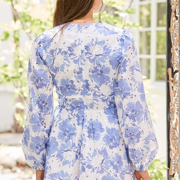 Fondly Fresh Blue and White Floral Print Long Sleeve Mini Dress - Picture 3 of 5
